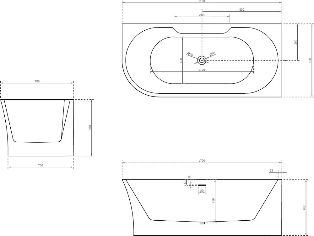 Акриловая ванна Abber AB9335-1.7 R 170x80 см, угловая, правая, пристенная, белая, асимметричная, с к Sancos — официальный сайт