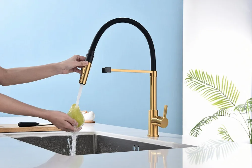 Смеситель для кухни Paulmark Halt Ha214021-BG брашированное золото, с гибким изливом Sancos — официальный сайт