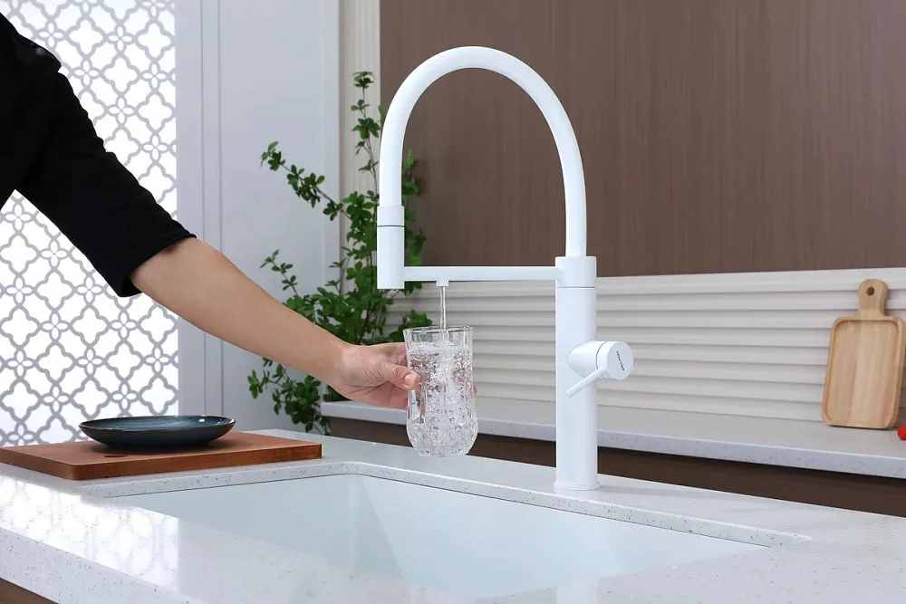 Смеситель для кухни Paulmark Ganymede Ga213199-WH с гибким изливом, белый матовый Sancos — официальный сайт