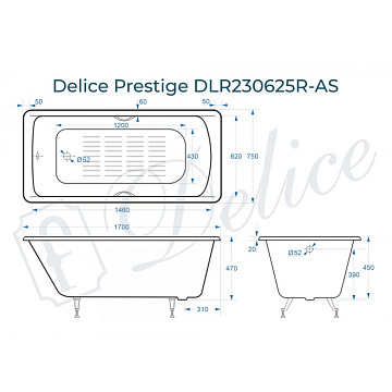 Чугунная ванна Delice Prestige 170х75 см, с отверстиями для ручек, с антискользящим покрытием