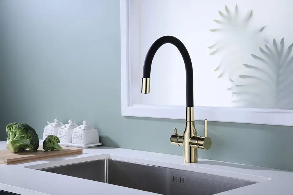 Смеситель для кухни Paulmark Salix 213419-G, золото, черный, с гибким изливом Sancos — официальный сайт
