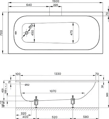 Стальная ванна Bette Form 150x70 см, встраиваемая, с шумоизоляцией