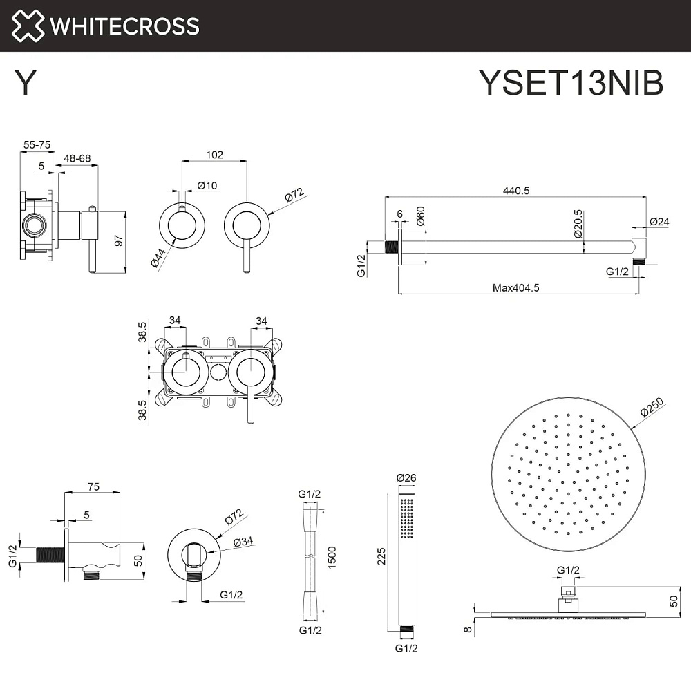 Душевой комплект WHITECROSS Y YSET13NIB, С ВНУТРЕННЕЙ ЧАСТЬЮ, брашированный никель