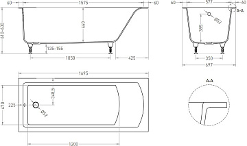 Ванна из искусственного камня Salini Cascata S-Stone 170x70 см, встраиваемая, матовая белая, на ножк