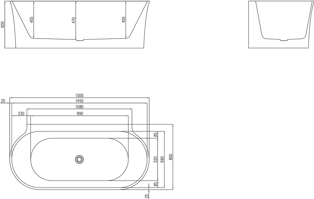 Акриловая ванна BelBagno BB409-1500-800 150x80 см, пристенная, белая, овальная, со сливом-переливом Sancos — официальный сайт