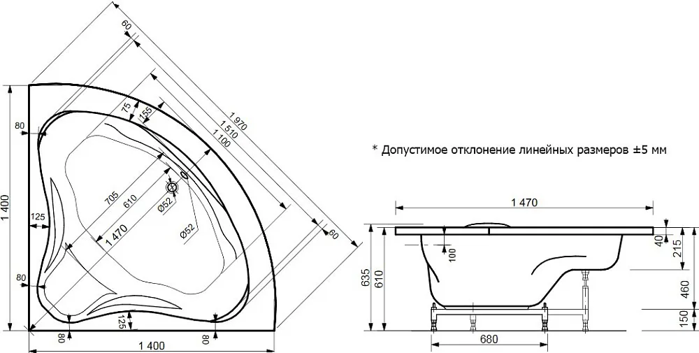 Ванна из искусственного камня Эстет Аврора 140x140 см, угловая, правая, пристенная, четверть круга  Sancos — официальный сайт