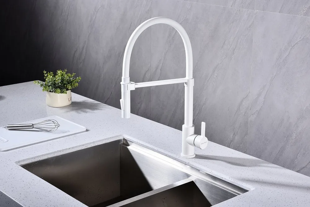 Смеситель для кухни Paulmark Halt Ha214021-WH матовый белый, с гибким изливом Sancos — официальный сайт