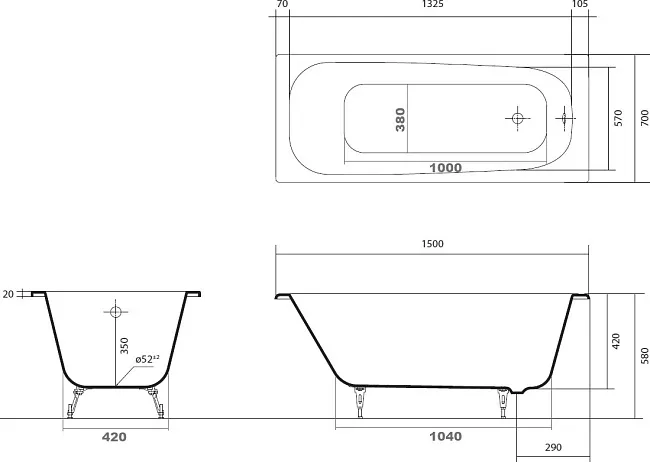Чугунная ванна AQUATEK Сигма 150x70 см, встраиваемая, белая, на ножках Sancos — Оригинал