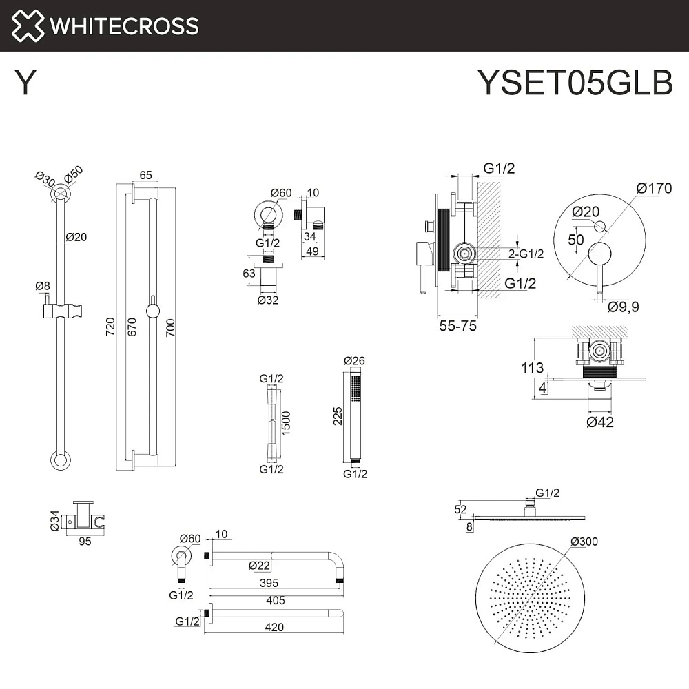 Душевой комплект WHITECROSS Y YSET05GLB, С ВНУТРЕННЕЙ ЧАСТЬЮ, брашированное золото