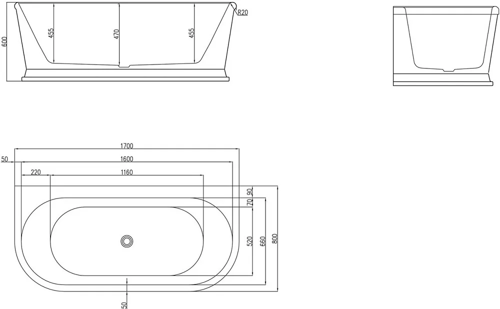 Акриловая ванна BelBagno BB408-1700-800 без опоры 170x80 см, пристенная, белая, овальная Sancos — официальный сайт