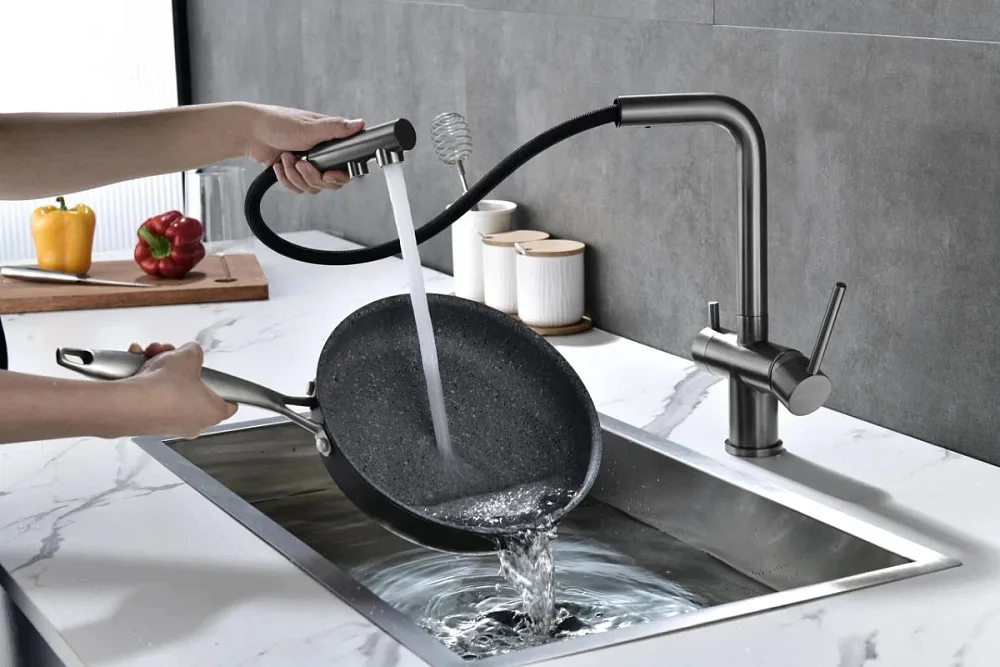 Смеситель для кухни Paulmark Serpentine Se213222-GM вороненая сталь Sancos — официальный сайт