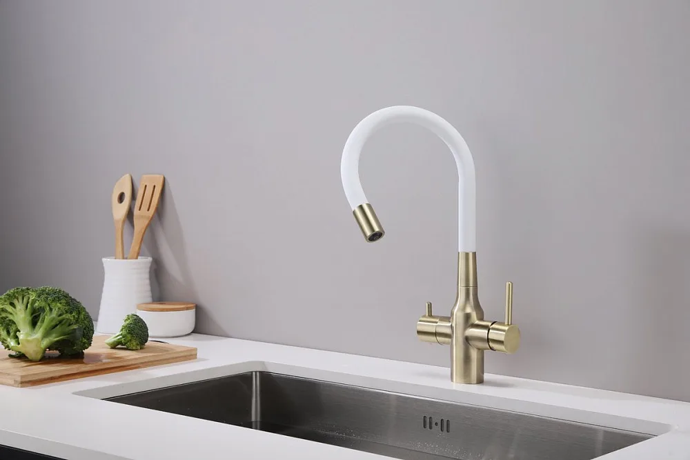 Смеситель для кухни Paulmark Salix 213419-BRw, бронза, белый, с гибким изливом Sancos — официальный сайт