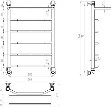 Полотенцесушитель водяной Двин FE 80/50 К1 1"-1/2", с полкой, хром