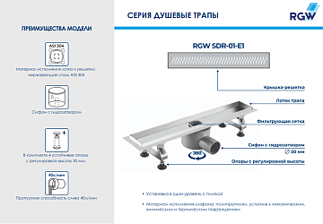 Душевой трап (лоток) RGW Shower Drain SDR-01-80-E1 80 см, с решеткой и опорами