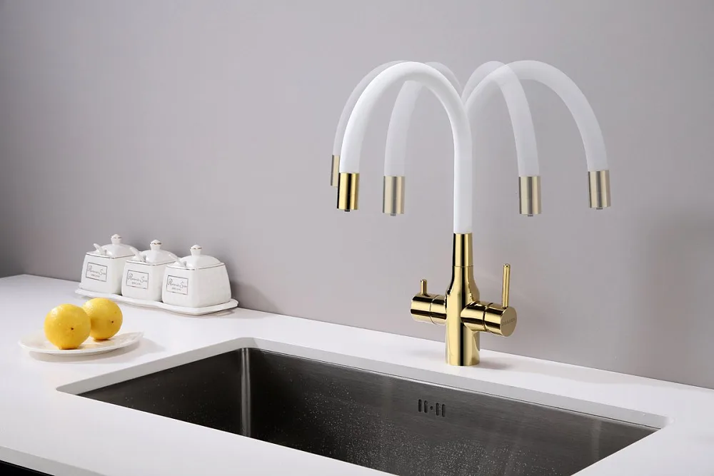 Смеситель для кухни Paulmark Salix 213419-Gw, золото, белый, с гибким изливом Sancos — официальный сайт