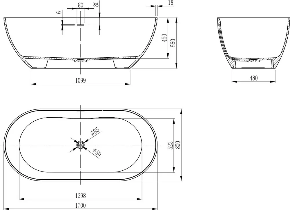 Ванна из искусственного камня Vincea VBT-4S04MW 170x80 см, отдельностоящая, матовая белая, овальная, Sancos — официальный сайт
