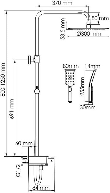 Душевая стойка Wasserkraft Abens 2000 A114.160.130.CB Thermo, с термостатом, черная