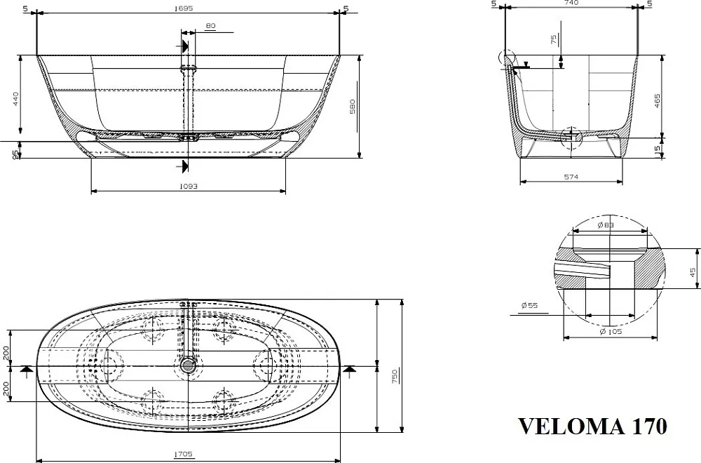 Ванна из искусственного камня Plumberia Selection Veloma 170x75 см, отдельностоящая, матовая белая,  Sancos — официальный сайт