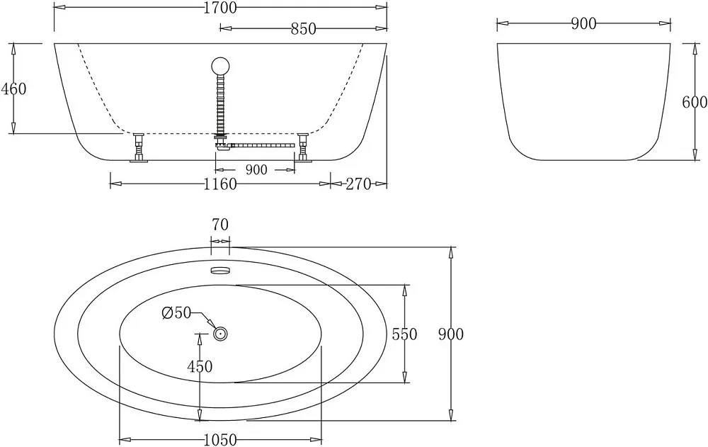 Акриловая ванна BelBagno BB67-1700 170x90 см, отдельностоящая, белая, овальная, с каркасом Sancos — официальный сайт