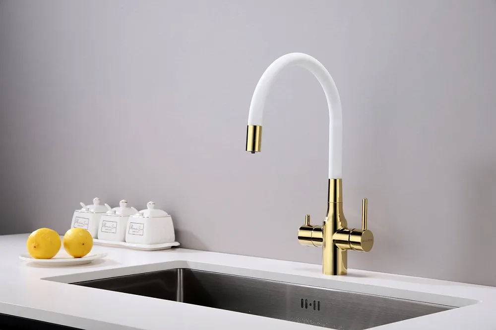 Смеситель для кухни Paulmark Salix 213419-Gw, золото, белый, с гибким изливом Sancos — официальный сайт