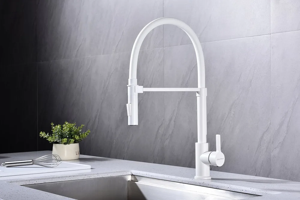 Смеситель для кухни Paulmark Halt Ha214021-WH матовый белый, с гибким изливом Sancos — официальный сайт