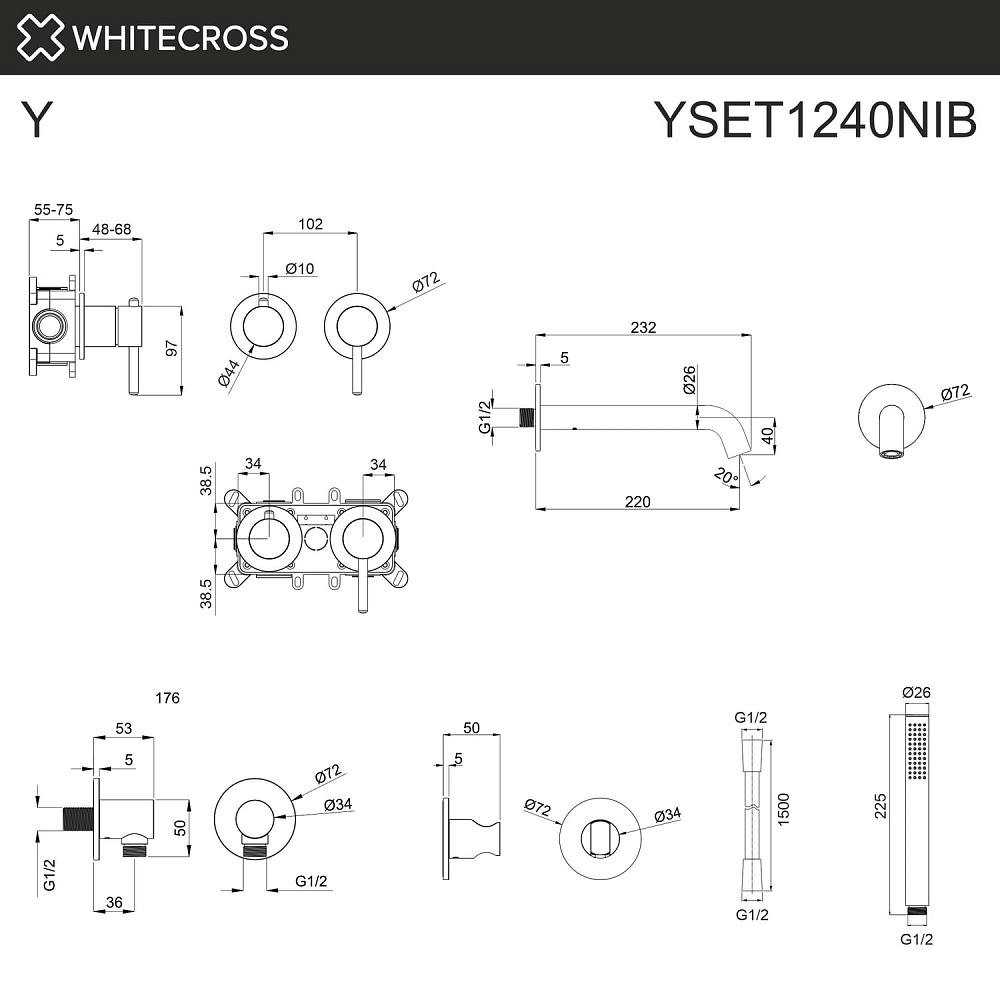 Встраиваемый смеситель для ванны WHITECROSS Y YSET1240NIB, С ВНУТРЕННЕЙ ЧАСТЬЮ, брашированный никель