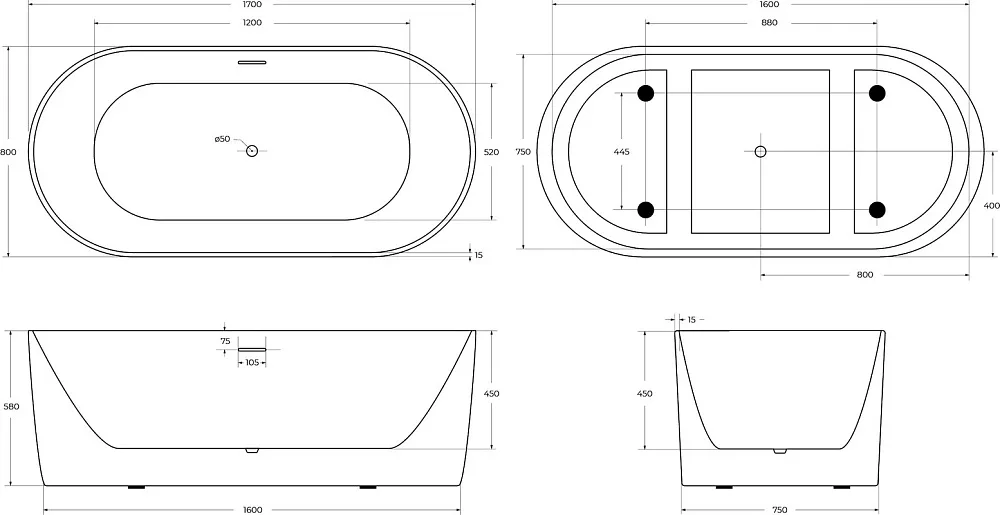 Акриловая ванна BelBagno BB411 170x80 см, отдельностоящая, белая матовая, овальная, со сливом-перели Sancos — официальный сайт