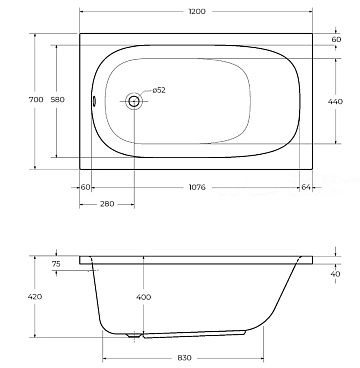 Акриловая ванна Cezares Eco 120x70 см, ECO-120-70-40-W37