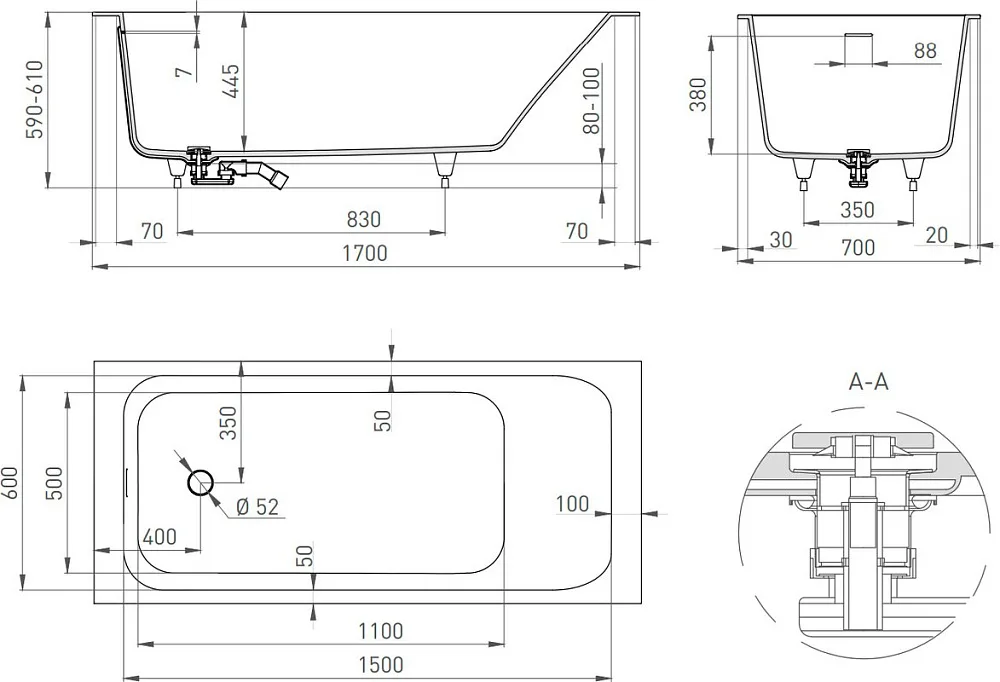 Ванна из искусственного камня Salini Orlanda Kit 170x70 см, встраиваемая, белая, со сливом-переливом Sancos — официальный сайт