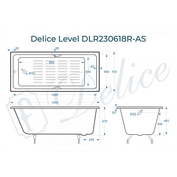 Чугунная ванна Delice Level 140х70 см, с отверстиями для ручек, с антискользящим покрытием