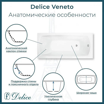 Ванна из литьевого мрамора Delice Veneto 170х75 см, пристенная с черными ручками