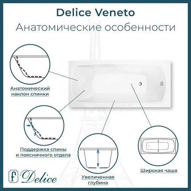 Ванна из литьевого мрамора Delice Veneto 170х75 см, пристенная с ручками хром