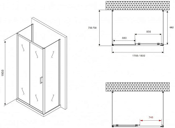 Душевой уголок Abber Schwarzer Diamant AG30180BH-S75B-S75B 180x75, профиль черный, стекло прозрачное