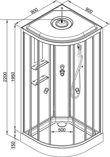 Душевая кабина DTO EM1590 90х90, с электрикой, профиль хром, стекло матовое с узором