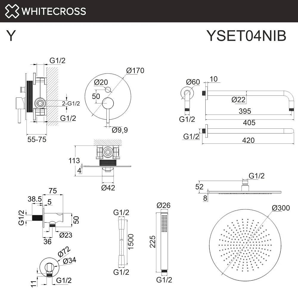 Душевой комплект WHITECROSS Y YSET04NIB, С ВНУТРЕННЕЙ ЧАСТЬЮ, брашированный никель