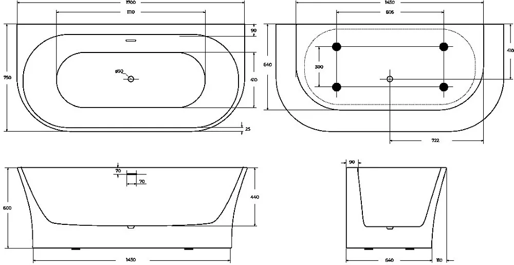 Акриловая ванна BelBagno BB711-1700-750 170x75 см, пристенная, белая, овальная, со сливом-переливом Sancos — официальный сайт