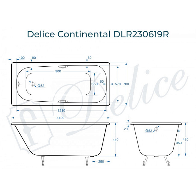 Чугунная ванна Delice Continental 140x70 см, с отверстиями для ручек