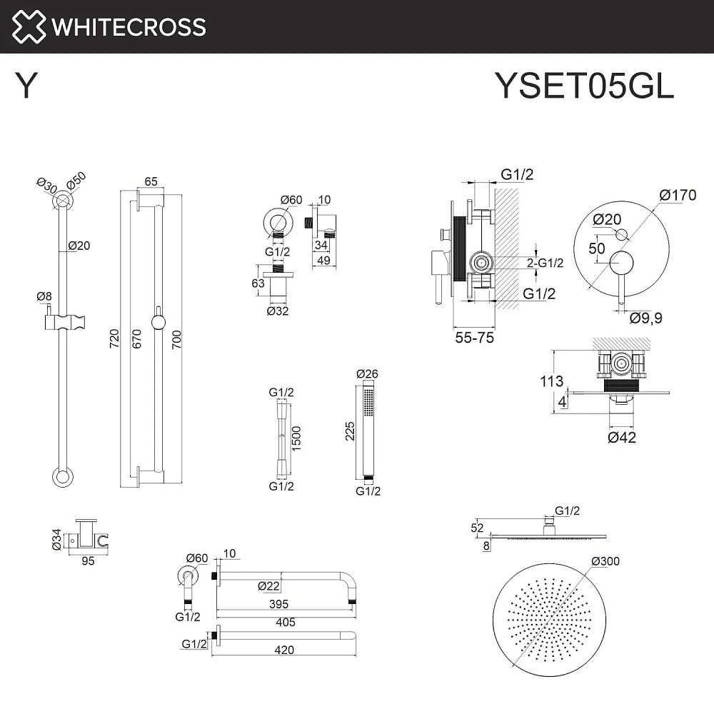 Душевой комплект WHITECROSS Y YSET05GL, С ВНУТРЕННЕЙ ЧАСТЬЮ, золото