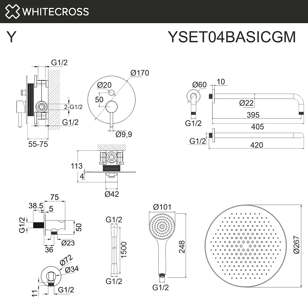 Душевой комплект WHITECROSS Y YSET04BASICGM, С ВНУТРЕННЕЙ ЧАСТЬЮ, оружейная сталь Sancos — официальный сайт