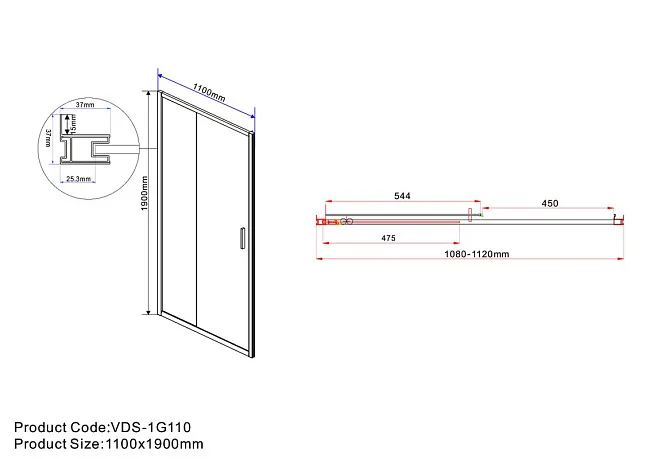Душевая дверь в нишу Vincea Garda VDS-1G110CLGM 110 см, профиль вороненая сталь, стекло прозрачное Sancos — Оригинал