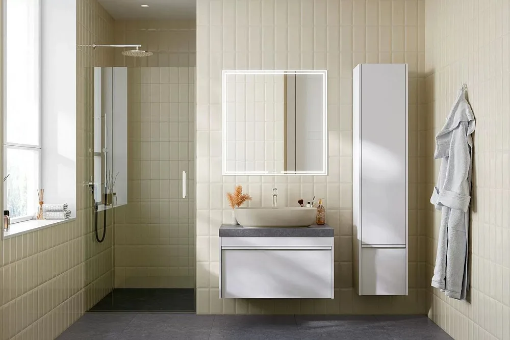 Шкаф-пенал для ванной KERAMA MARAZZI Modula 35 R с дверцей и ящиком, белый глянцевый Sancos — официальный сайт