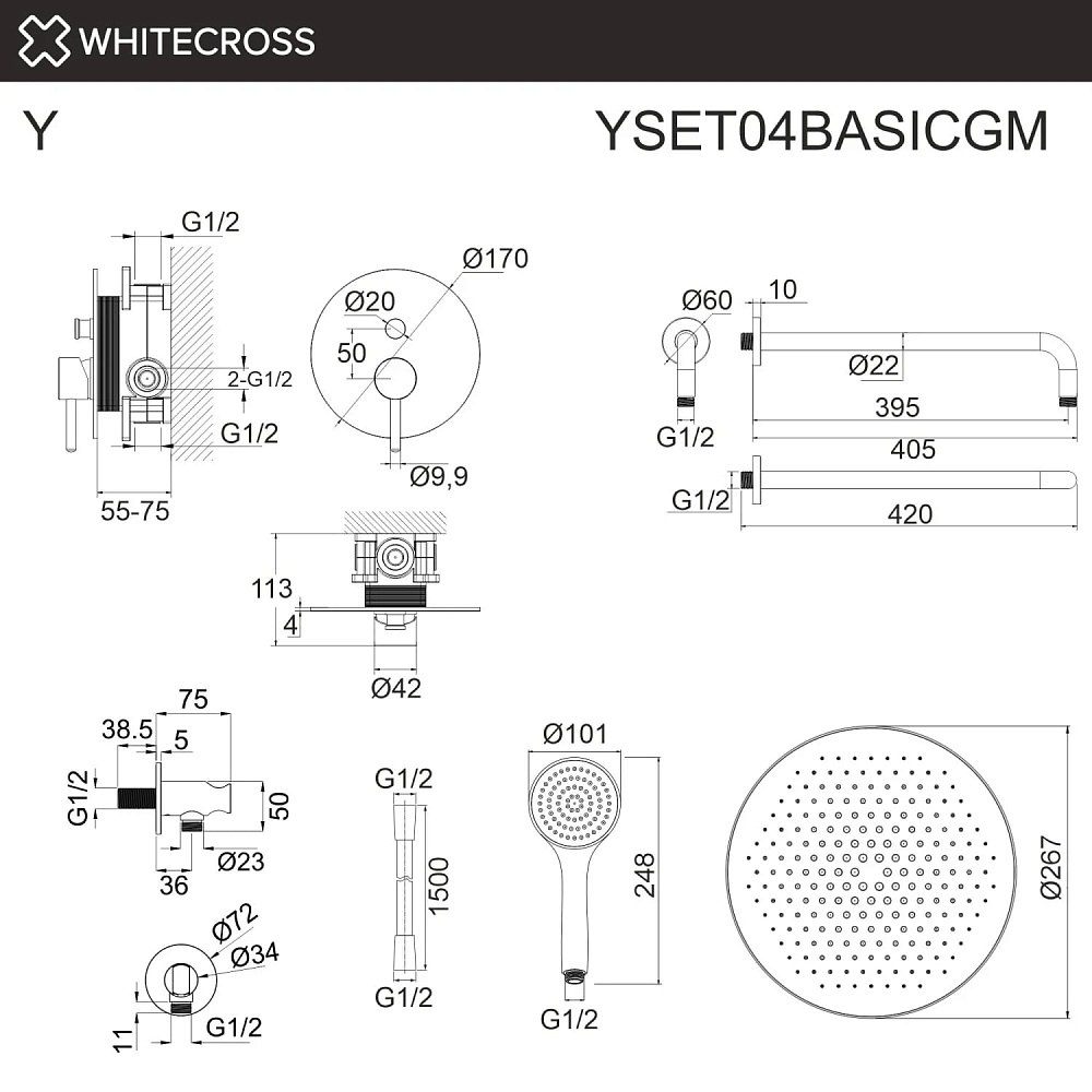 Душевой комплект WHITECROSS Y YSET04BASICGM, С ВНУТРЕННЕЙ ЧАСТЬЮ, оружейная сталь