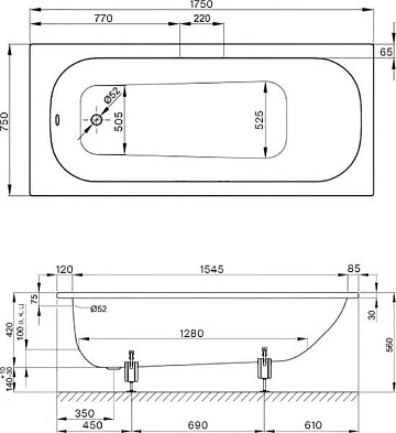 Стальная ванна Bette Form 175x75 см, встраиваемая, с самоочищающимся покрытием, с антискользящим