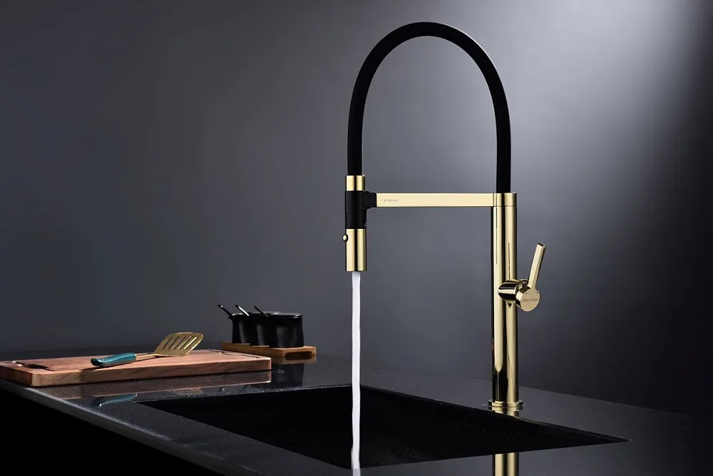 Смеситель для кухни Paulmark Leader Le214101-G, с гибким изливом, золото Sancos — официальный сайт