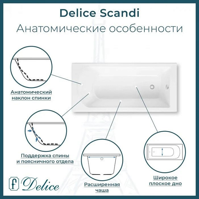 Ванна из литьевого мрамора Delice Scandi 175х70 см, пристенная с ручками хром