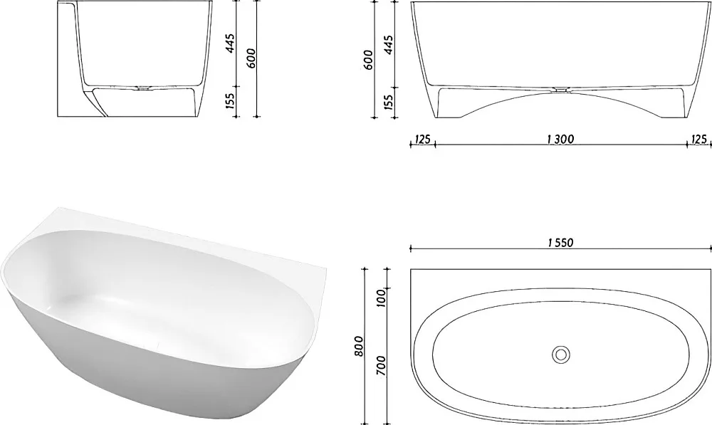 Ванна из искусственного камня WHITECROSS Pearl A 155x80 см, пристенная, белая, овальная, с донным кл Sancos — официальный сайт