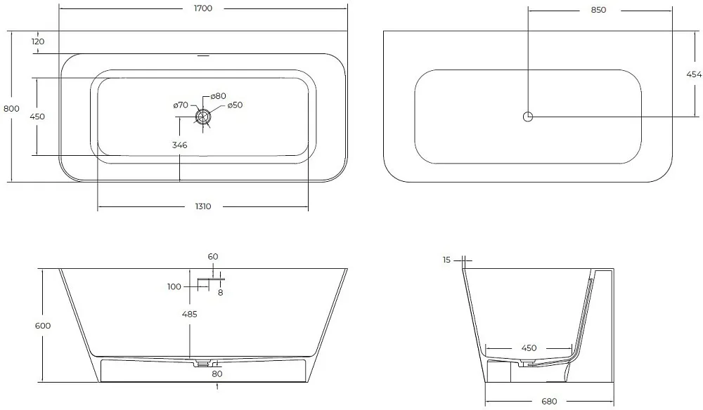 Ванна из искусственного камня Cezares Liner Solid Surface 170x80 см, пристенная, матовая белая, с до Sancos — официальный сайт