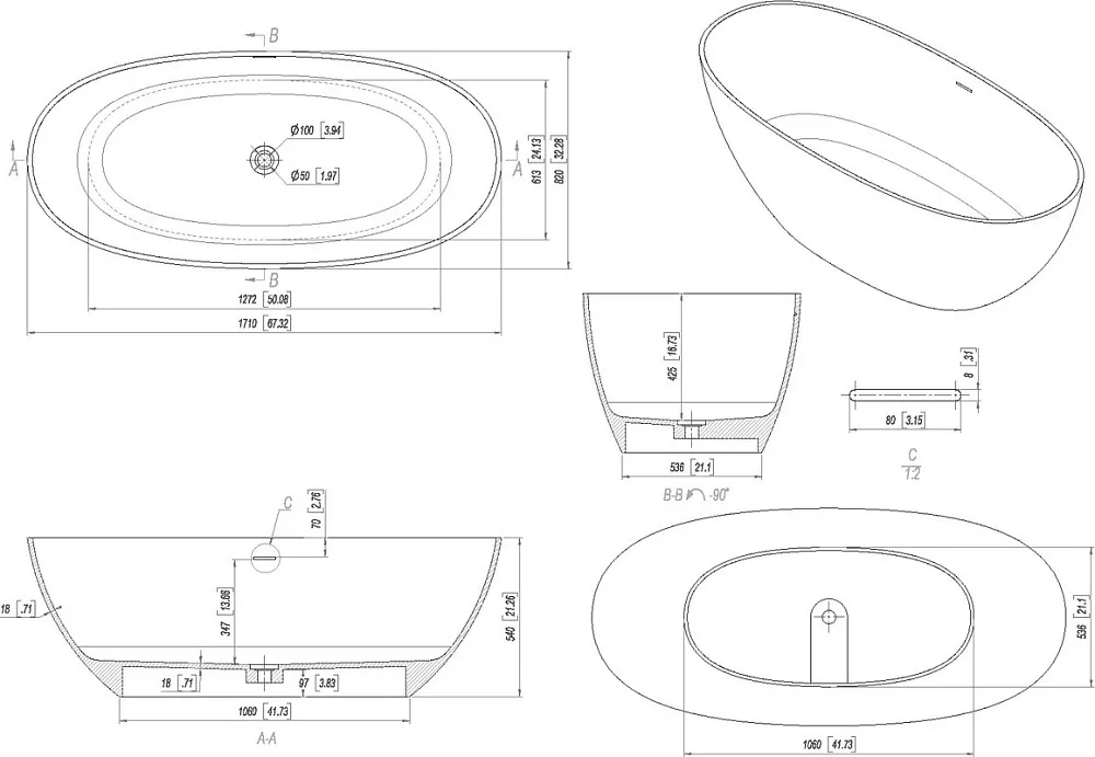 Ванна из искусственного камня Allen Brau Krion Oval 170x80 см, отдельностоящая, матовая белая, оваль Sancos — официальный сайт