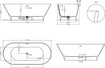 Ванна из искусственного камня Salini Mona S-Sense 170x70 см, отдельностоящая, белая, овальная, с дон