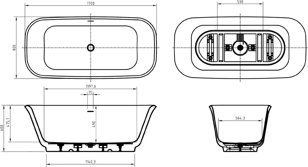 Акриловая ванна BelBagno Due BB702 170x80 см, отдельностоящая, белая, на ножках, со сливом-переливом Sancos — официальный сайт
